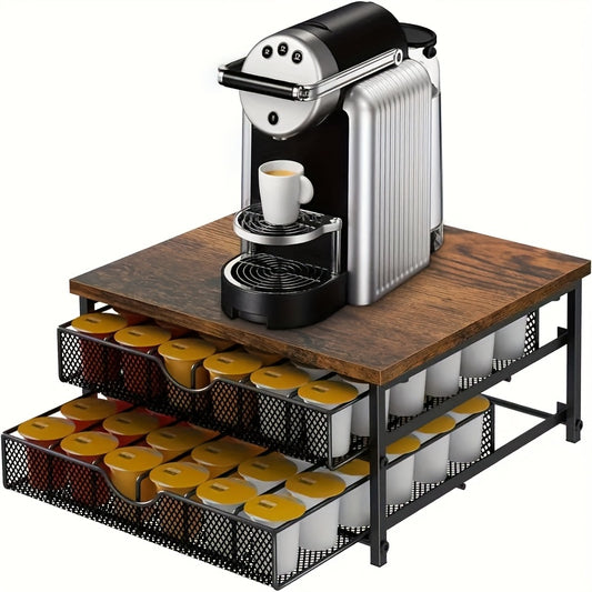 Coffee racks，Black Wood and Iron K-Cup Holder with Double Storage Drawers, Coffee Station Organizer for Capsule Boxes