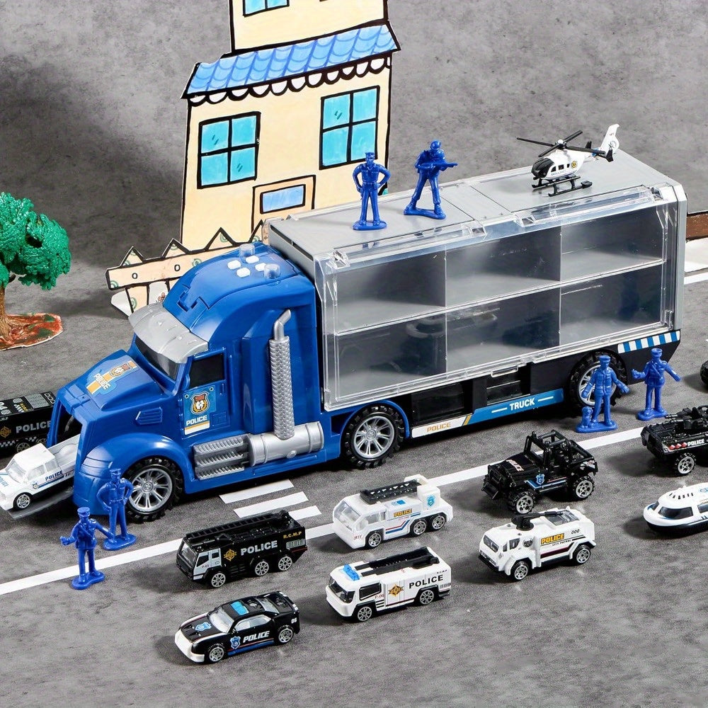 SYNCFUN 25in 1 Police Rescue Truck Car Toy Set with Sounds and Lights, Mini Vehicles in Carrier Truck, Play Police Patrol Rescue Vehicle Toy, Birthday Gifts for Over 3 Years Old Boys