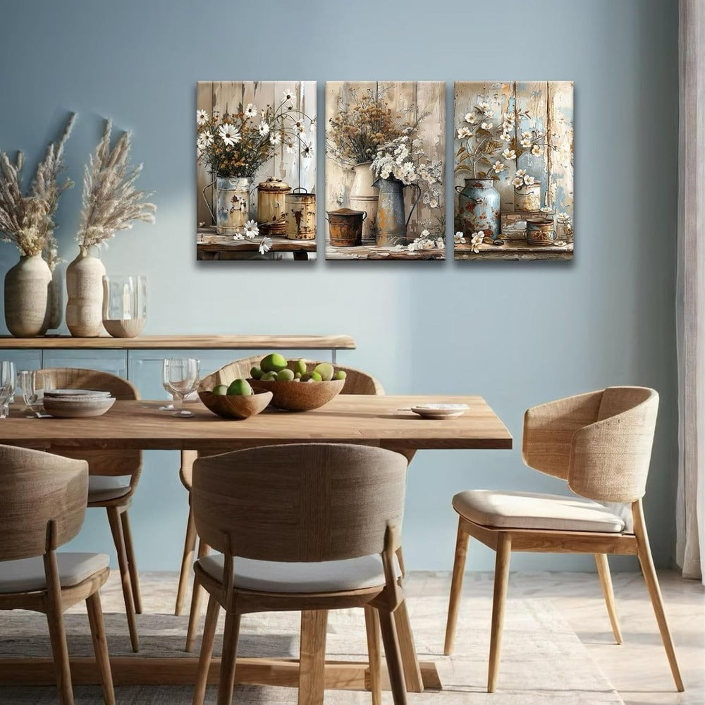 2D Flat, Paintings, 3pcs Framed Rustic Daisy Vase Floral Wall Art - Vintage Farmhouse Pictures with Thick Wood Frame & Canvas, Botanical Flower Prints Suitable for Bedroom, Office, Gallery - Ready to Hang (12x16 inch/ 30x40cm