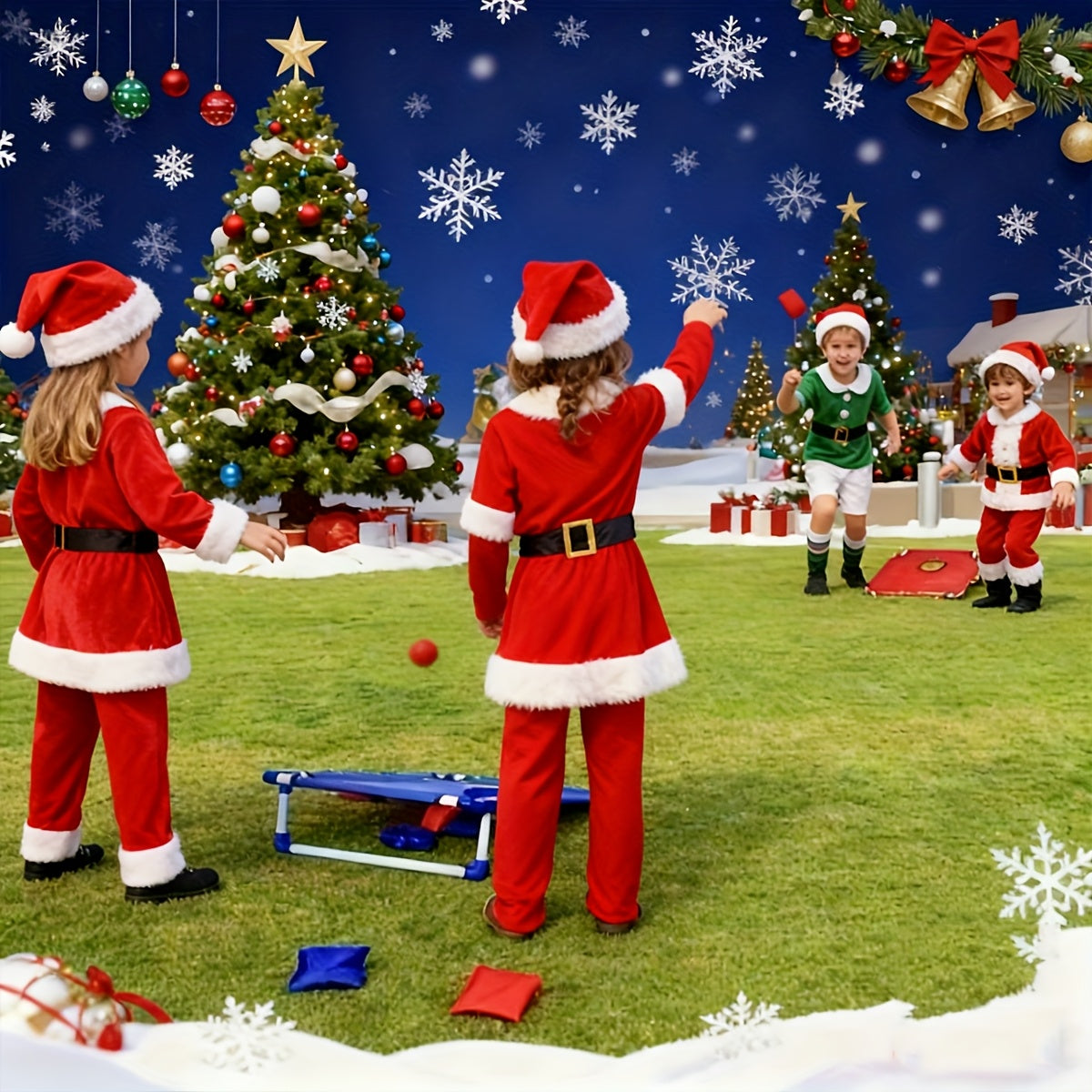 A Foldable And Sturdy Red And Blue Corn Hole Game Set, Perfect for Outdoor Gatherings, Camping Trips, And Backyard Fun. It Includes 6 Bean Bags And Does Not Need Batteries, Making It Ideal for Christmas And Halloween Celebrat