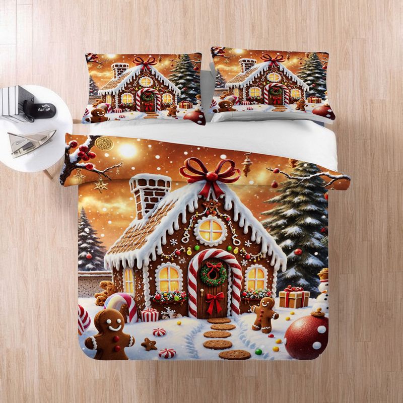 3pcs Christmas Gingerbread House Duvet Cover, Winter Holiday Bedding with Pillowcases, Xmas Snow Scene Quilt, Festive Bedroom Decor, Soft Microfiber Fabric 1 Duvet Cover+2 Pillowcases,  Holiday Theme, Cozy Winter Decor, Highq