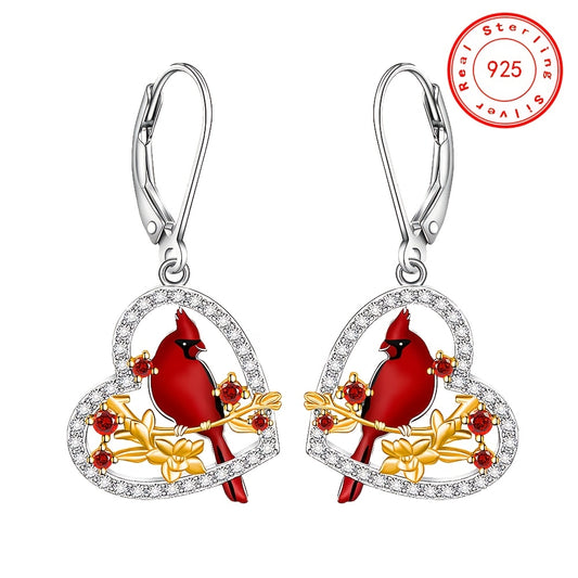 Red Bird Cardinal Earrings for Women, 925 Sterling Silver Cardinal Appears When an Angel Approaches Drop Earrings, Heart Shaped Cardinal Jewelry Memorial Gift, Best Choice for Christmas Gift