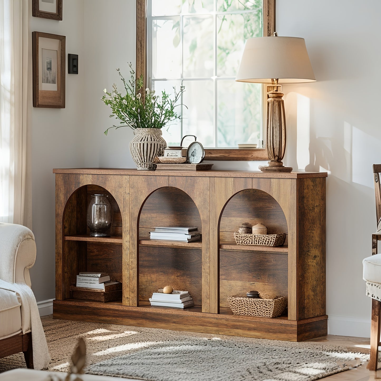 62.99" Modern Farmhouse & Industrial Console Table - -Long Sofa Table Behind Couch, Stain-Resistant Engineered Wood TV Stand with Storage Shelf, Entryway Hall Table Suitable for, Farmhouse, Apartment - Assembly, Wood Frame