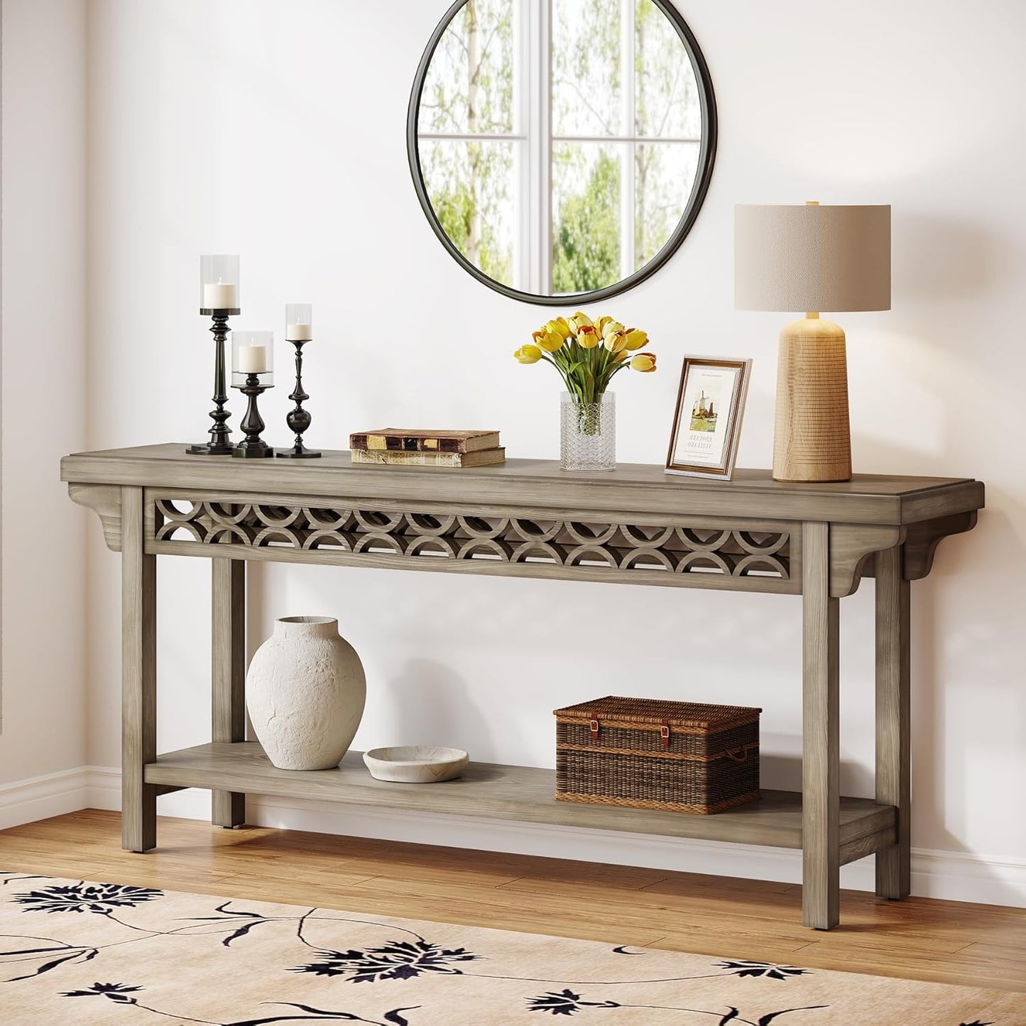 70.8" Extra Long Narrow Console Table - Heavy-Duty Farmhouse Entryway Table with Storage Shelf, Solid Wood Construction (Hardwood/Tabletop), Sturdy Legs - Space-Saving Sofa Table for Living Room, Hallway, Entryway - Easy Asse