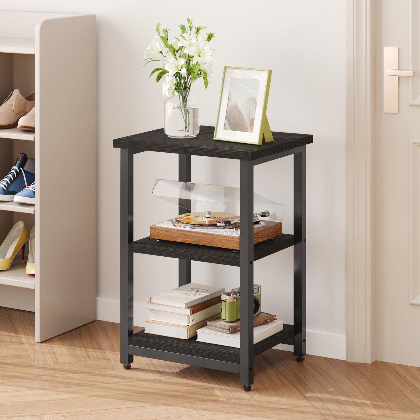 WHONLINE Side Table, Small End Table, Nightstand, 3-Tier End Table with Storage Shelf for Living Room, Bedroom, Office, Bathroom, 13.4*11.8*22.8 Inch, Classic Black