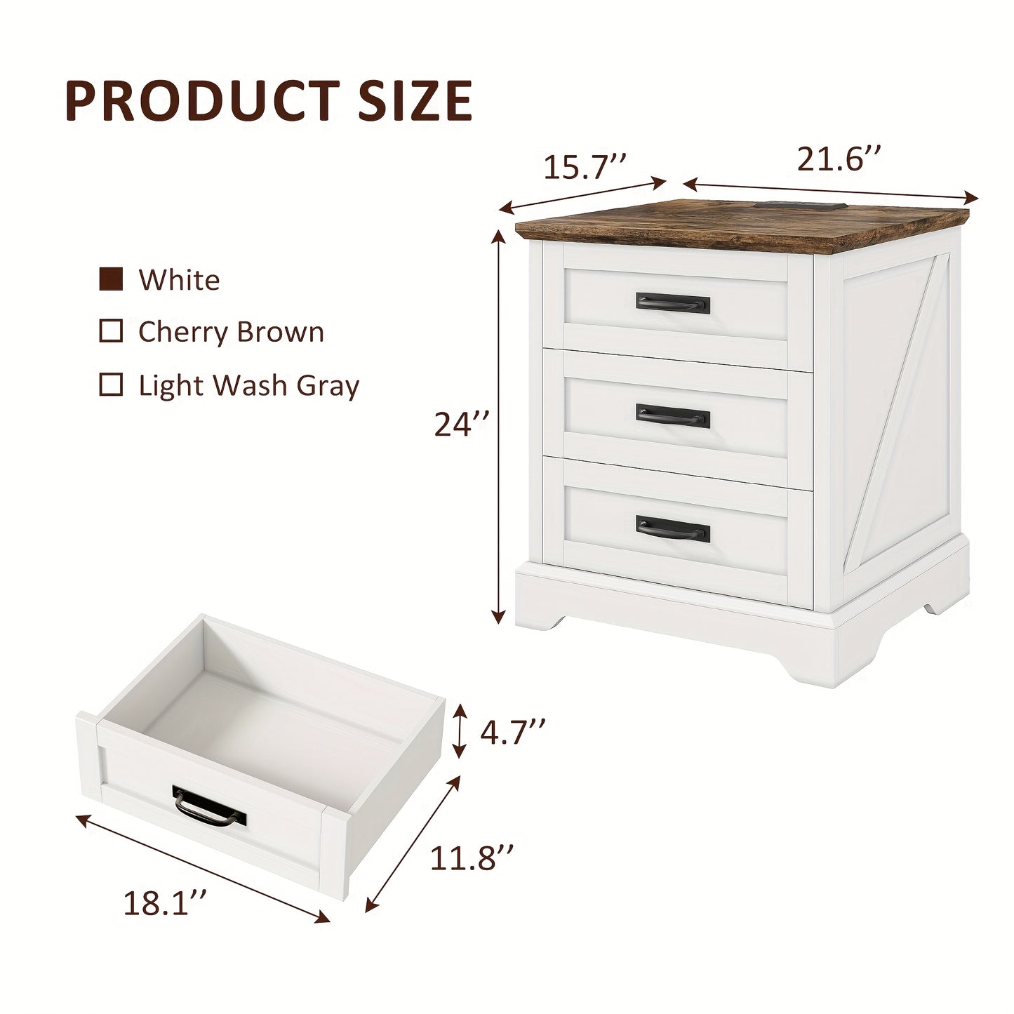 Farmhouse Night Stand Set Of 2 with 3 Drawers, End Table with Charging Station, Wood Rustic Side Table for Bedroom, Living Room White/Cherry/Grey