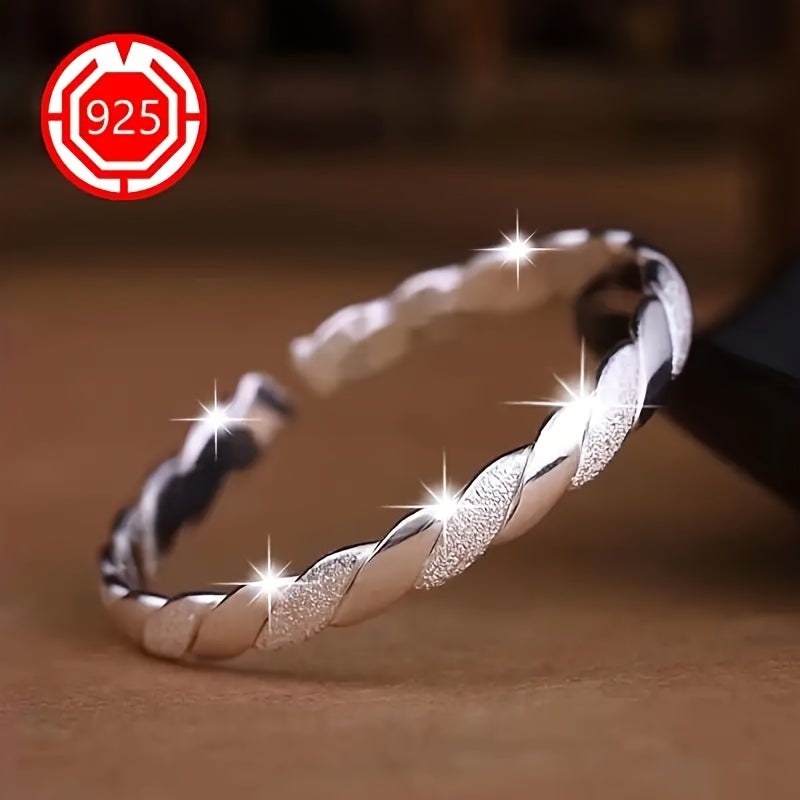 925 Sterling Silvery Elegant Twisted Cuff Bracelet for Women, Hypoallergenic Open Bangle with Textured Matte Finish, Versatile Chic Jewelry for Daily Wear, Festivals, Christmas
