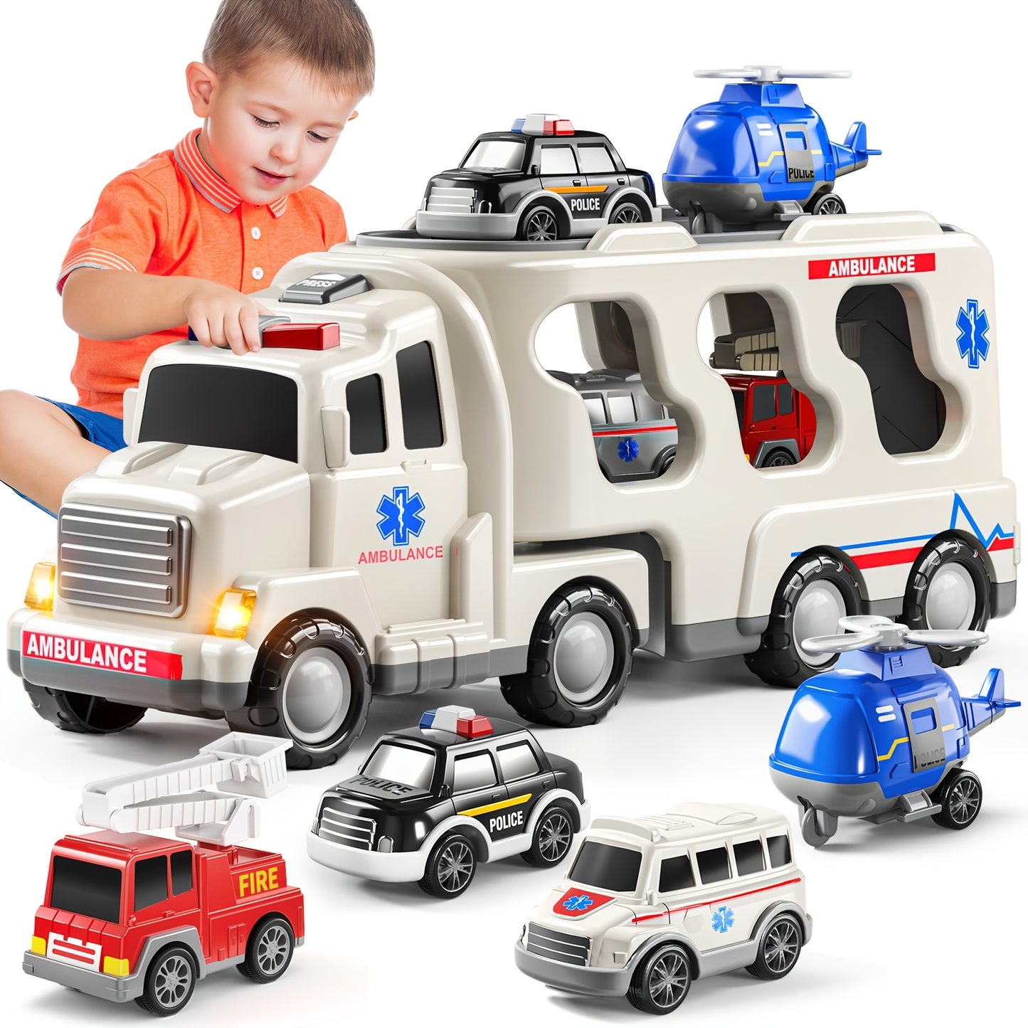 Babyhome Ambulance Truck 5 in 1 with Lighting & Sound, Friction Power Vehicle, Rescue Helicopter, Police Car, Fire Truck, Ambulance, Christmas, Birthday Gift, Interactive Toy Combination Toy Car
