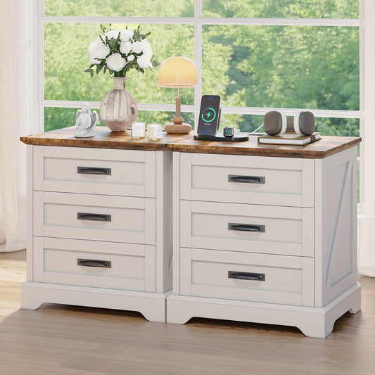 Farmhouse Night Stand Set Of 2 with 3 Drawers, End Table with Charging Station, Wood Rustic Side Table for Bedroom, Living Room White/Cherry/Grey