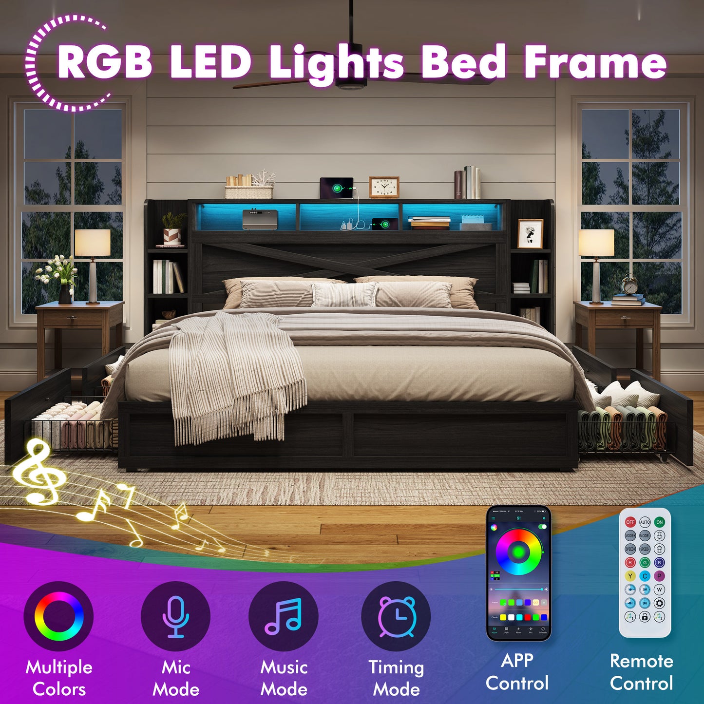 LUXOAK Rustic Farmhouse Platform Bed with Storage Headboard | Detachable Side Cabinets Drawers, LED Lighting, Hardwood and MDF Construction, Plug Powered, 125V, Pre-Assembled