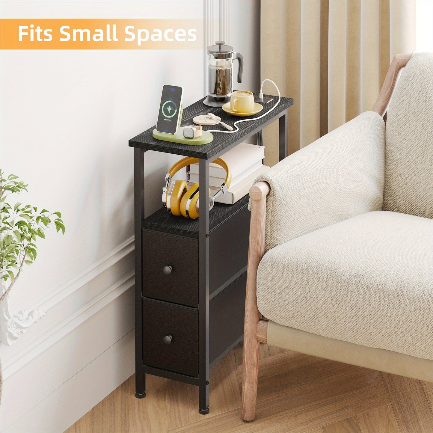 WHONLINE 1pc/2pcs Narrow Night Stand With Charging Station, End Table, Narrow Side Table With 1/2 Fabric Drawers, Skinny Nightstand With Storage, For Living Room, Small Spaces, School And Dormitory Storage, Brown And Black, F