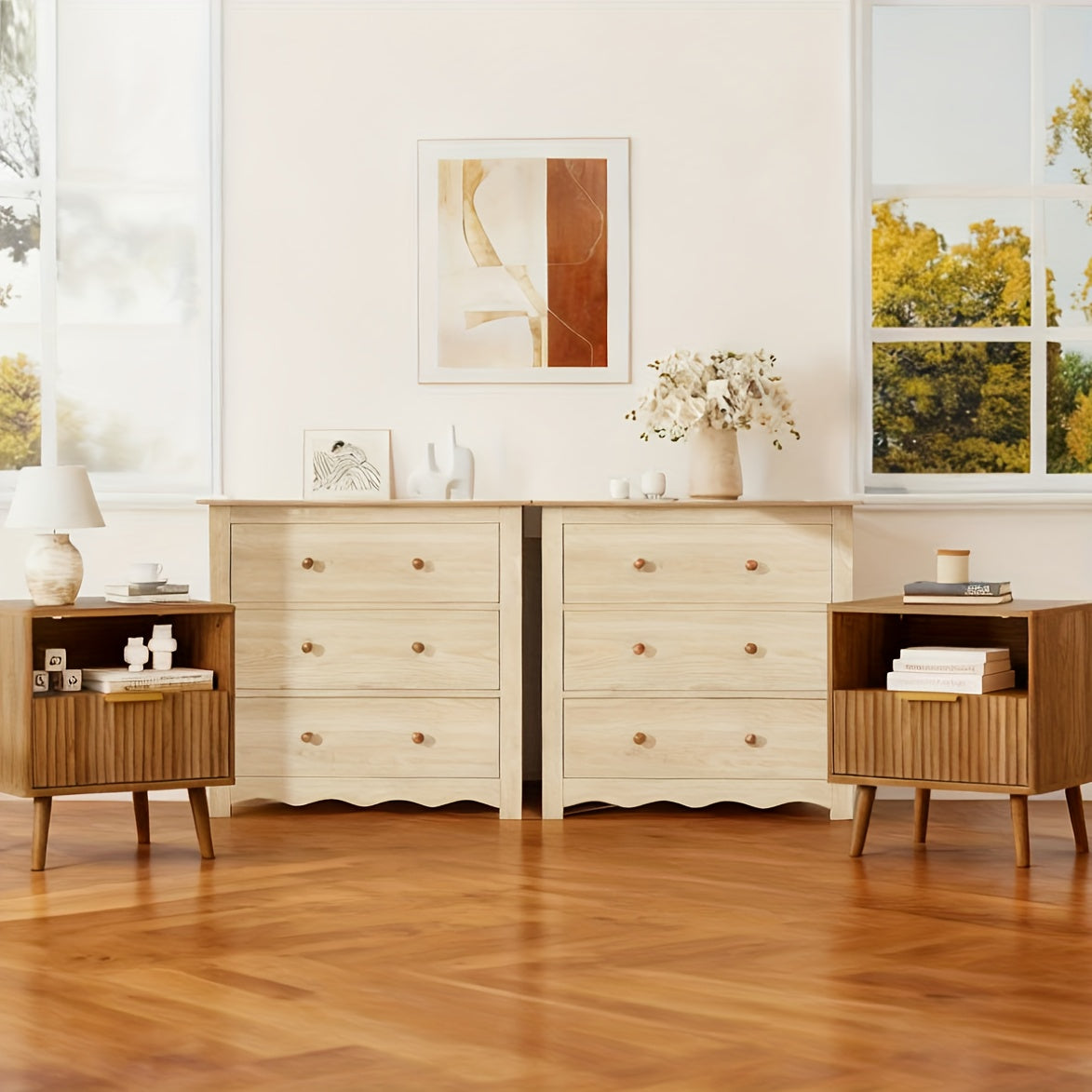 34" Tall Cabinet With 3 Drawers Set Of 2, Mid Century Modern Wooden Dressers Chest Of Drawers With Handles, Waveform Nightstand Dresser, Storage Organizer For Bedroom, Hallway, Living Room, Wood