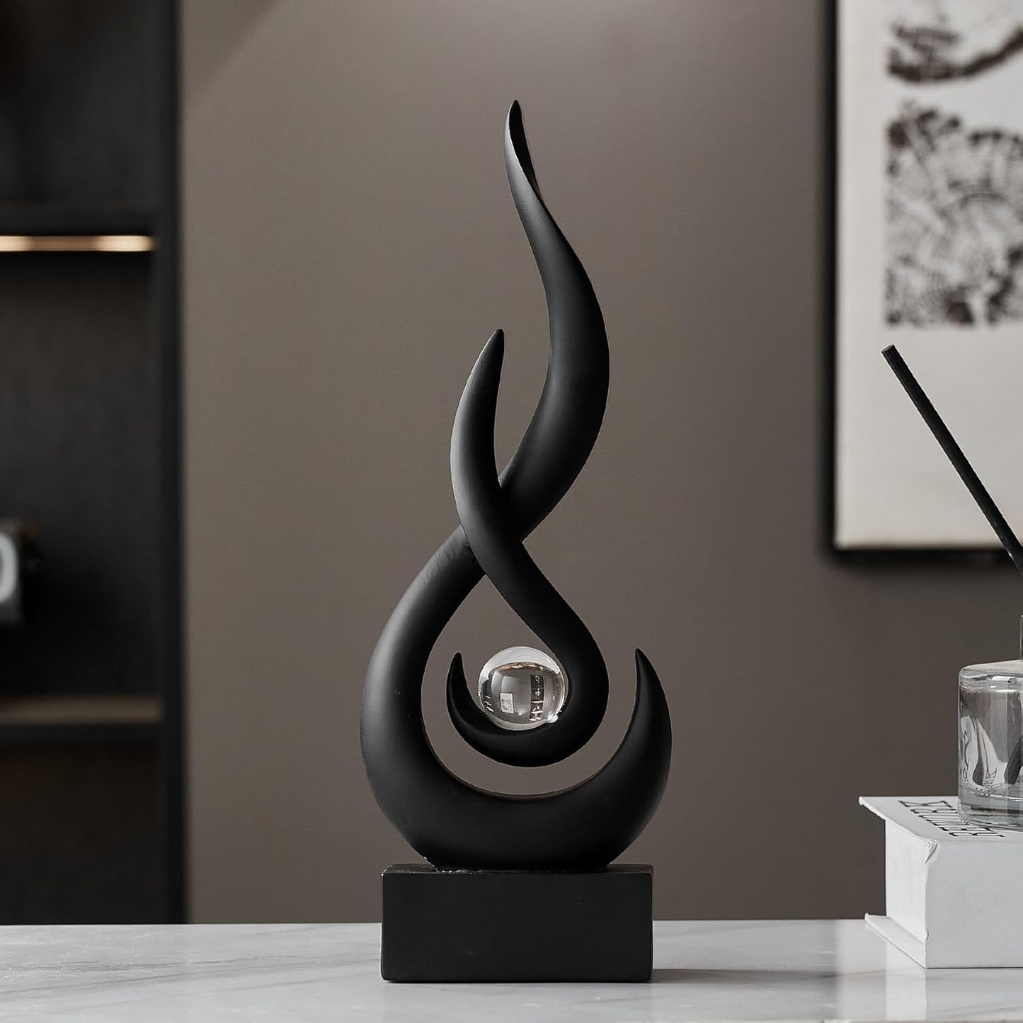 Abstract Black Flame Sculpture Statue with Glass Ball - Modern Elegant Resin Art Figurine, Dynamic Flame Design Indoor/Outdoor Centerpiece for Home Decor, Holiday & Year-Round Decoration (Halloween/Christmas/Easter/Thanksgivi