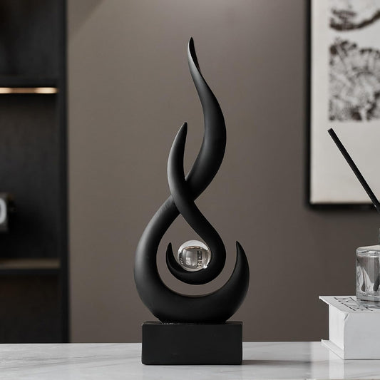 Abstract Black Flame Sculpture Statue with Glass Ball - Modern Elegant Resin Art Figurine, Dynamic Flame Design Indoor/Outdoor Centerpiece for Home Decor, Holiday & Year-Round Decoration (Halloween/Christmas/Easter/Thanksgivi