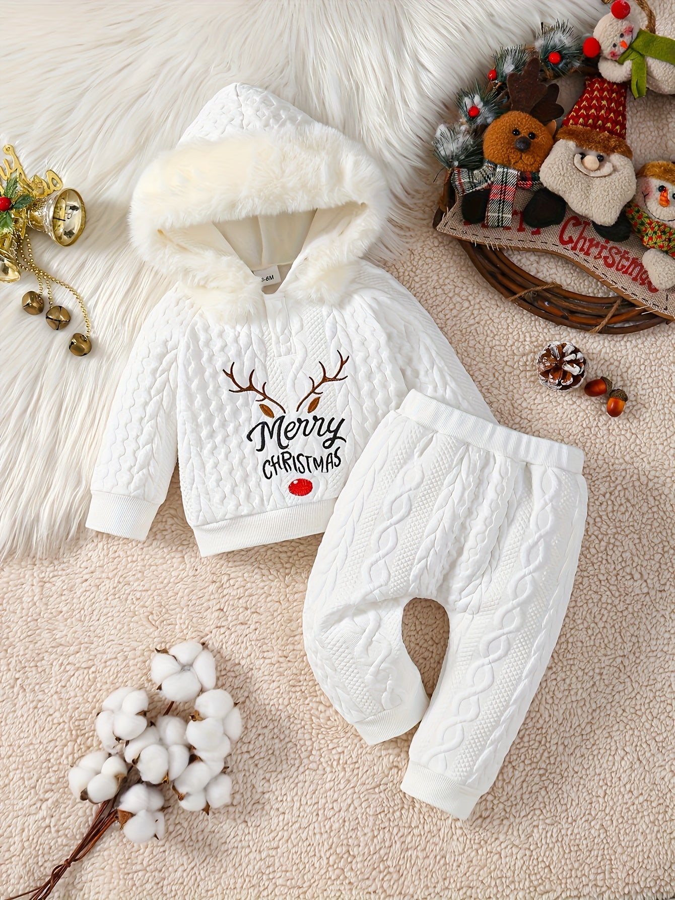 Christmas New Letter Antler Embroidery Knitted Pattern Solid Color Ribbed Hoodie with Fur Collar Long Pants Set for Baby Boys Winter Warmth And Cute, Perfect for Outdoor