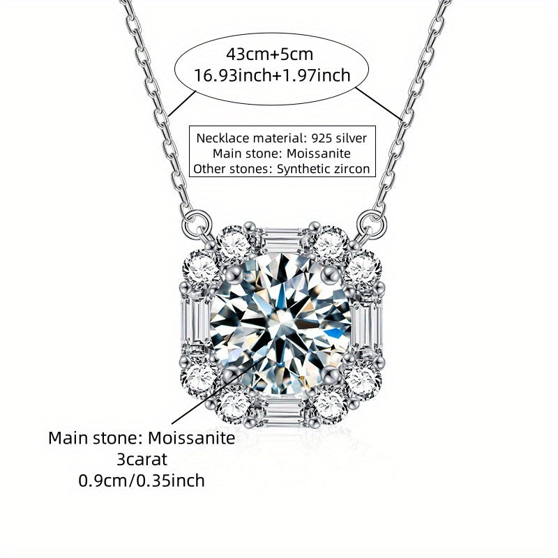 925 Silvery 3Ct Moissanite Sugar Cube Necklace, Couple Style, Fashion Trend, Men'S And Women'S Jewelry Pendant Clavicle Chain, Suitable for Daily Wear, Banquets, Weddings, Dating, Mother'S Day And Father'S Day Gifts, Birthday