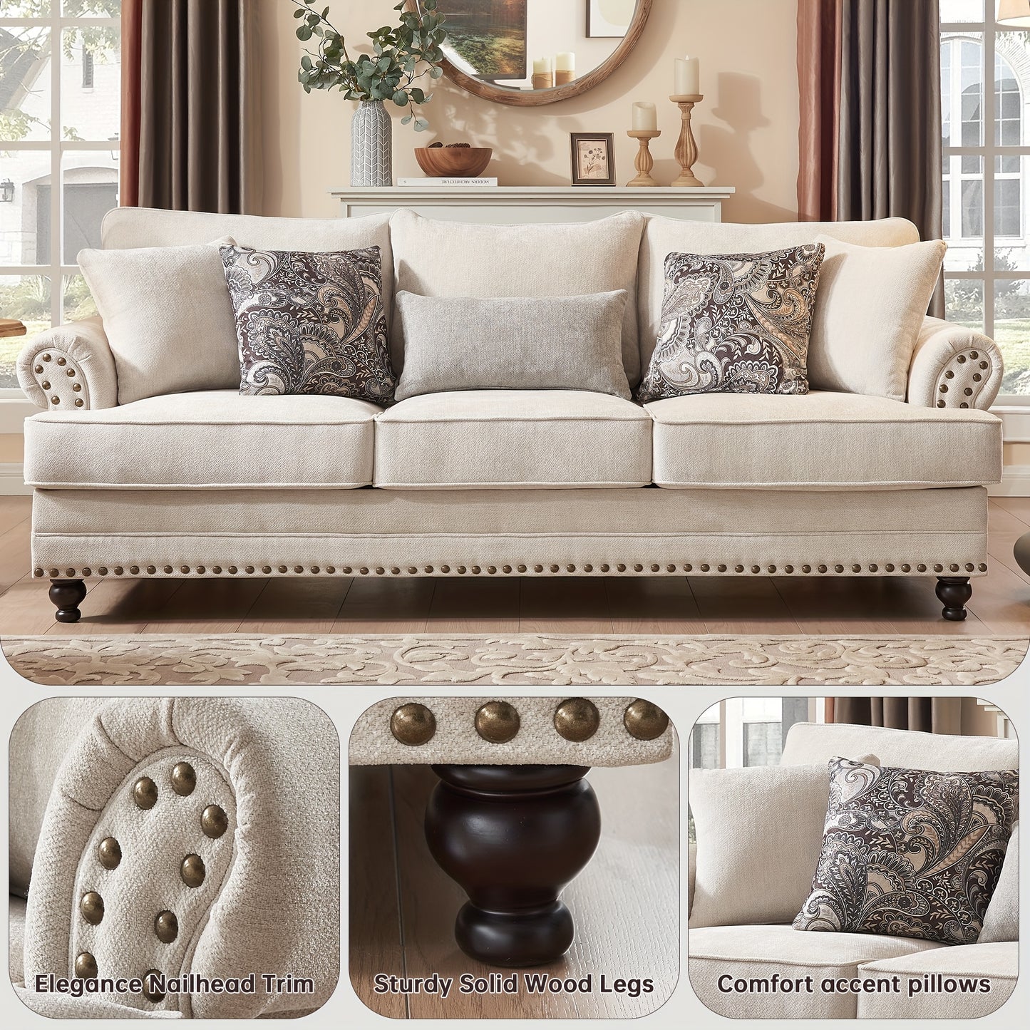 Modern Farmhouse Loveseat And Sofa Set, Chenille Upholstered Couches with Nailhead Trim, Wooden Legs, 9 Accent Pillows, Comfy Sleeper for Living Room