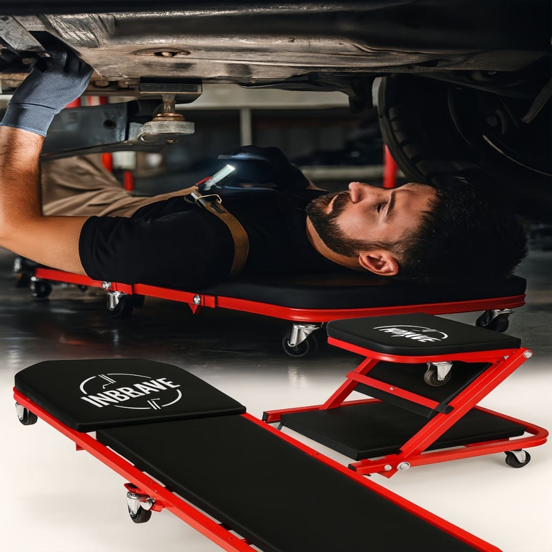 36-Inch Heavy-Duty 3-In-1 Folding Crawler - Professional-Grade Adjustable Z-Seat, 6-Wheel Rollers with Brakes, Can Tilt/Lie Down, 150-450 Lbs Super Load-Bearing, Multi-Function Car Repair Lying Board, Red And Black Color Matc