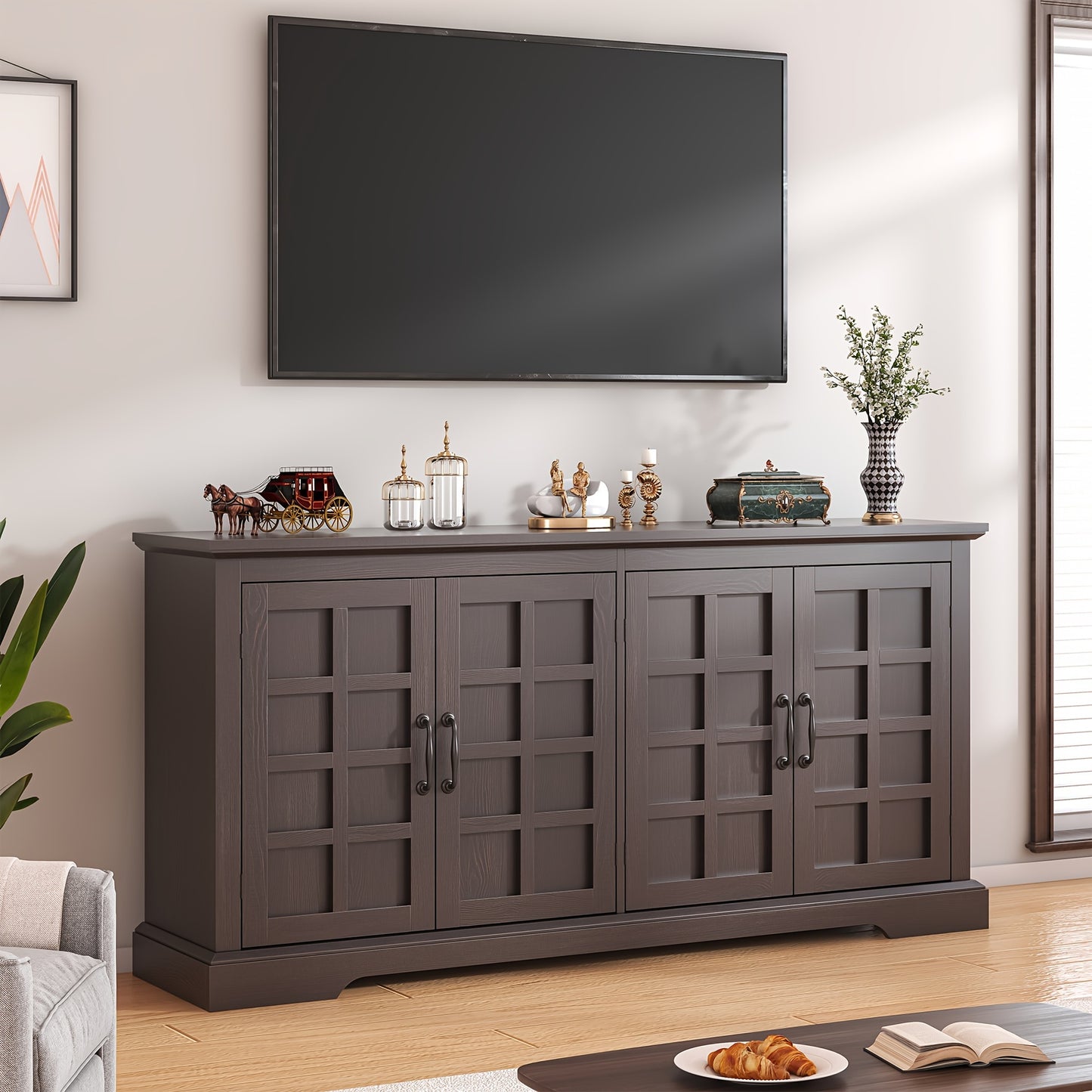 70" Large Buffet Cabinet, Kitchen Pantry Cabinet, Farmhouse Buffet Sideboard Cabinet With Doors And Shelves, Buffet Table Coffee Bar Wine Bar Storage Cabinet For Kitchen, Living Room, Dark Brown