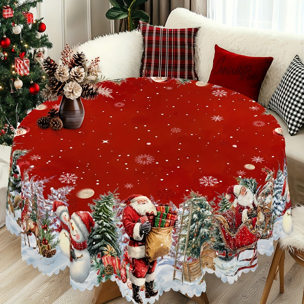 1pc Merry Christmas Themed Red Printed Tablecloth, Farmhouse Style, Santa Claus, Snowman, Snow Scenery Design, Christmas, New Year Gatherings, Parties Decor, Kitchen Accessories, Room&Outdoor Decor, Gift to Friends, Rectangul