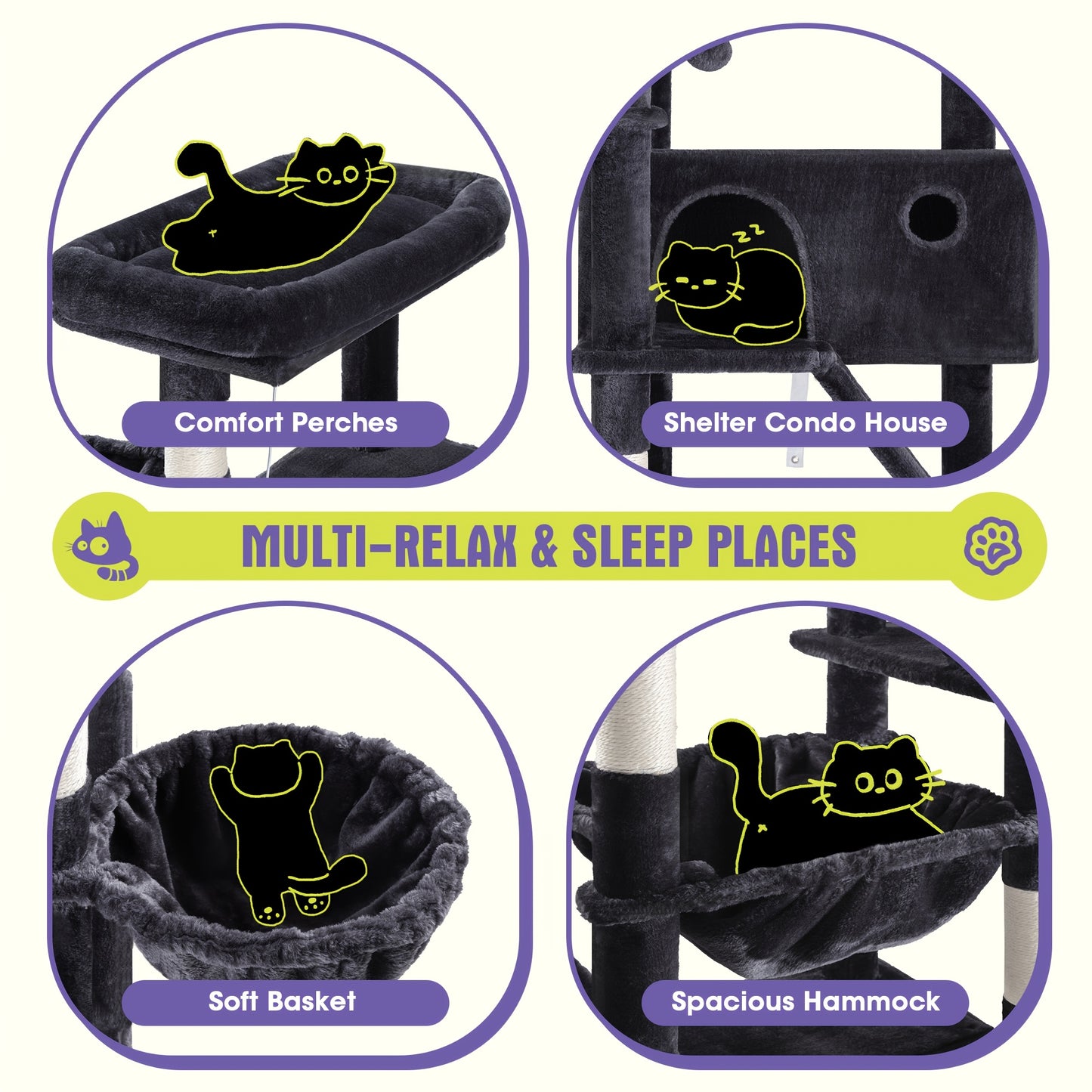 WEEWAY Multi-Level Cat Tree Tower for Indoor Cats - Modern Space-Saving design with Scratching Posts, Plush Perches, Hanging Platforms, Entryways - Sturdy Construction for Climbing, Scratching, Resting - Ideal Gift for Kittie