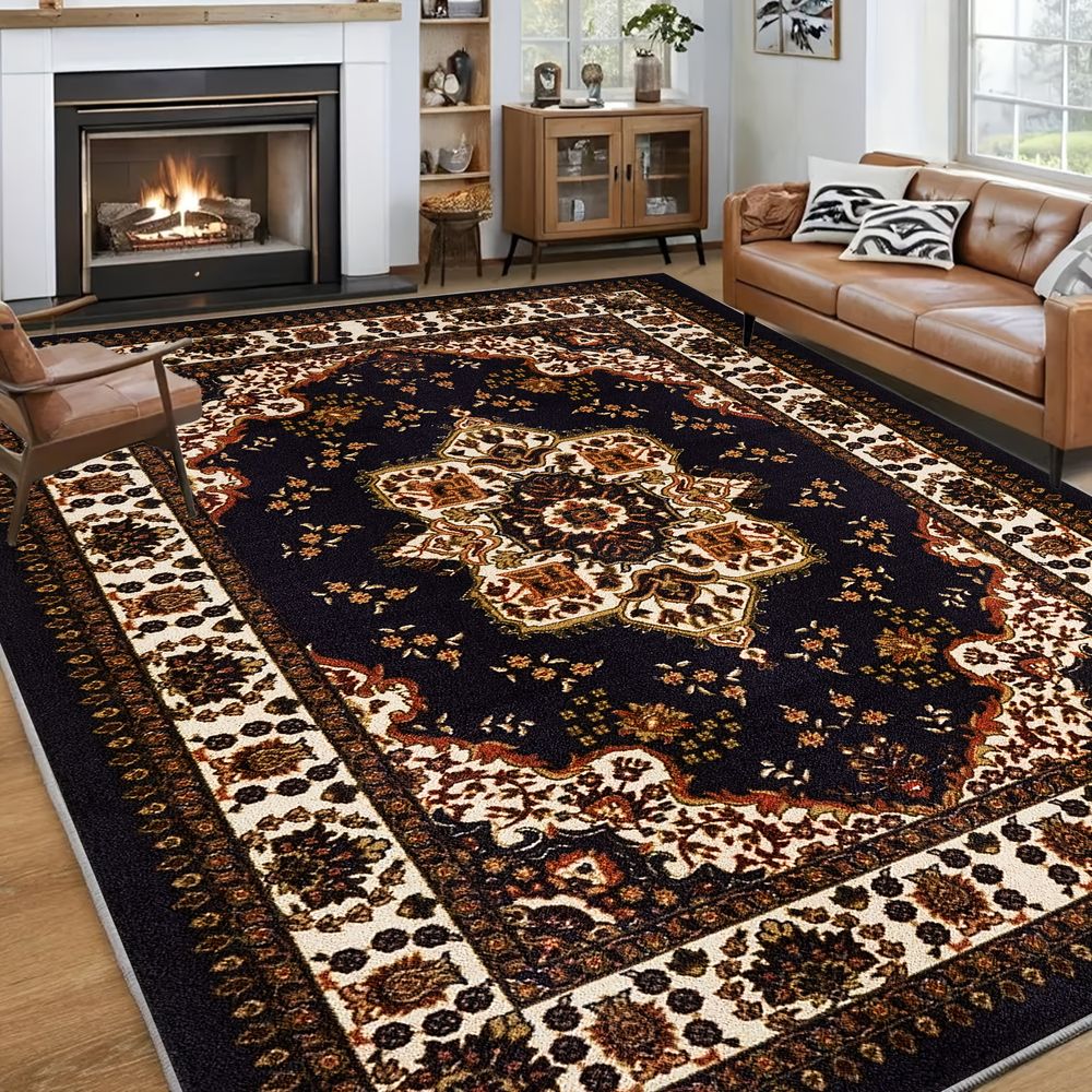 Large Luxury Ultra-Soft Washable Suitable for Bedroom & Dining Room - Non-Slip Low Pile Rug with Oriental Floral Pattern, Non-Shedding Backing, Machine Washable Suitable for Indoor, Spring Easter Rug, Retro Large