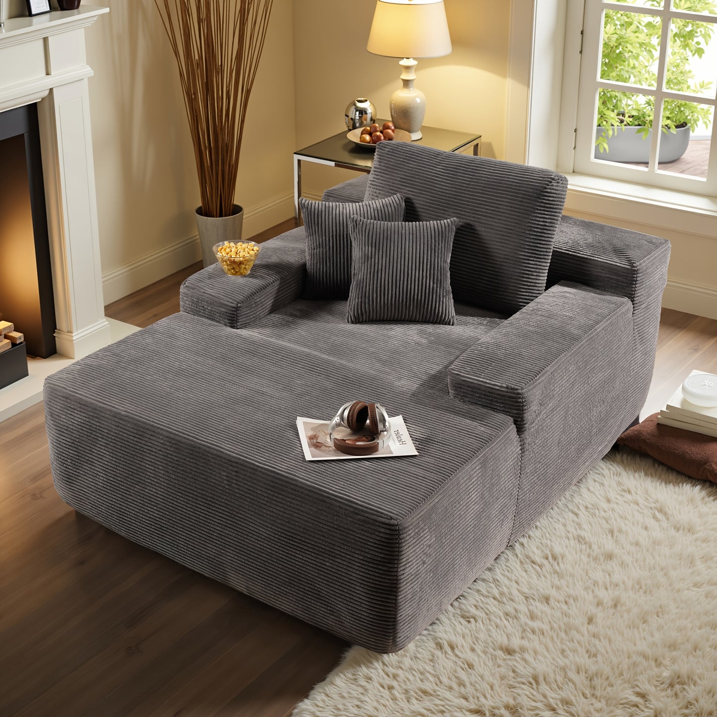 67" Oversized Boneless Lounge Chaise - Corduroy/Plush Fabric/Teddy Fleece Floor Couch with Pillows And Armrests | Deep Seat Single Sofa Bed with High Density Sponge Cushion | U Sleeper Couch for Living Room, Apartment, Bedroo