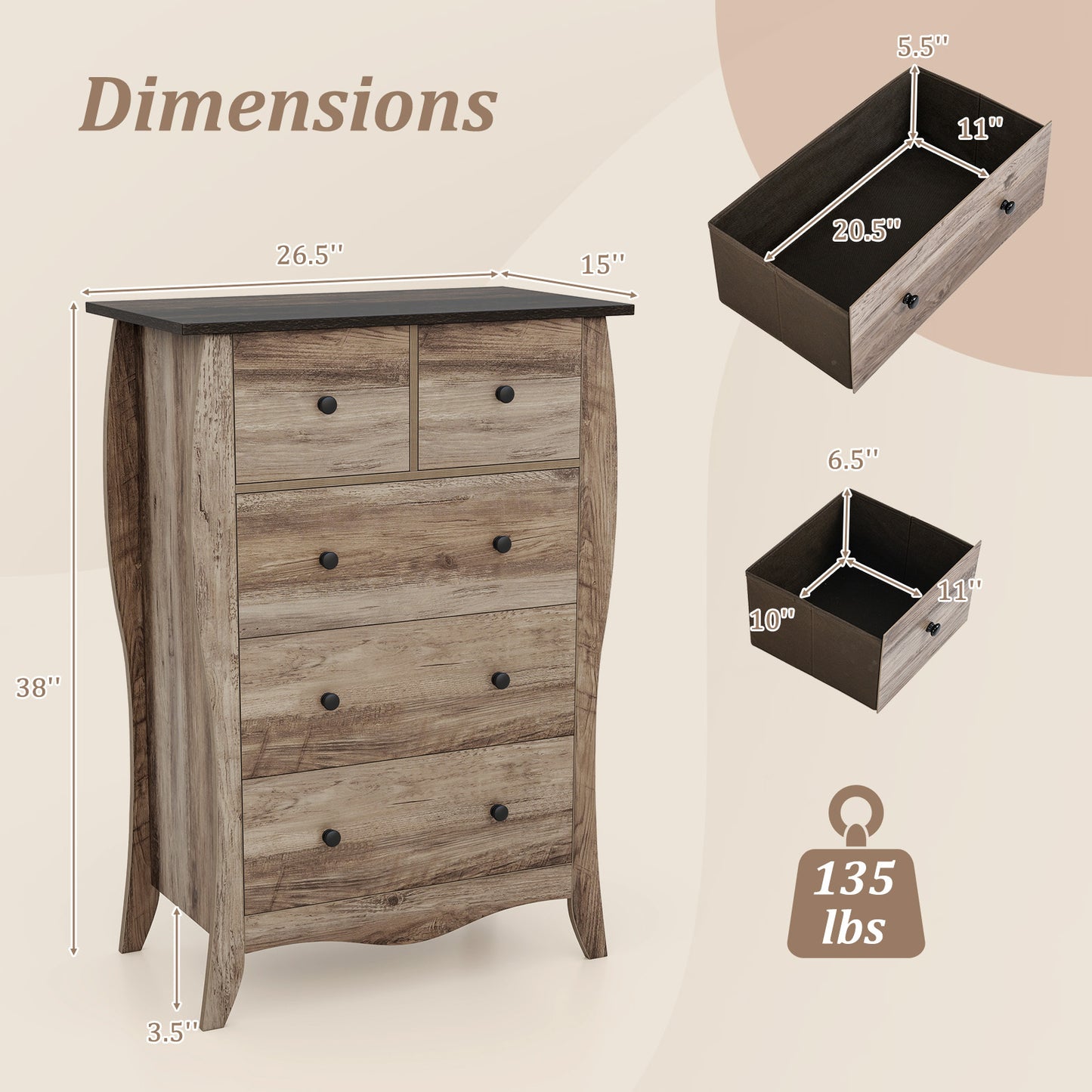 COSTWAY 30" Modern Farmhouse Dresser with 3 Spacious Folding Fabric Drawers - Sturdy Hardwood-like Construction, Anti-Tip Safety System, Freestanding Storage Cabinet with Curved Legs & Knobs, Grey/Brown for Bedroom, Nursery
