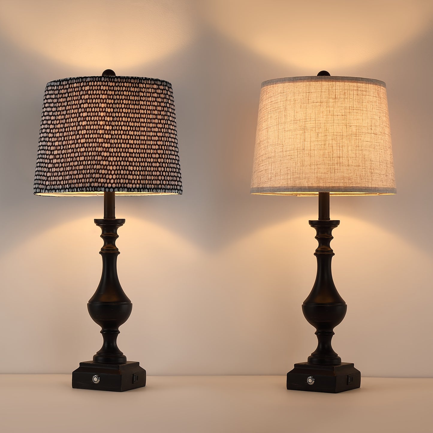 2 Set 3-Way Touch Dimmable Table Lamps for Living Room End Tables, 27.5" Tall Rustic Bedroom Lamp for Nightstand, Dual USB Charging Ports, Black Golden Resin Base with Linen Shade, Classic Candelabra, Farmhouse Bedside Lamp (