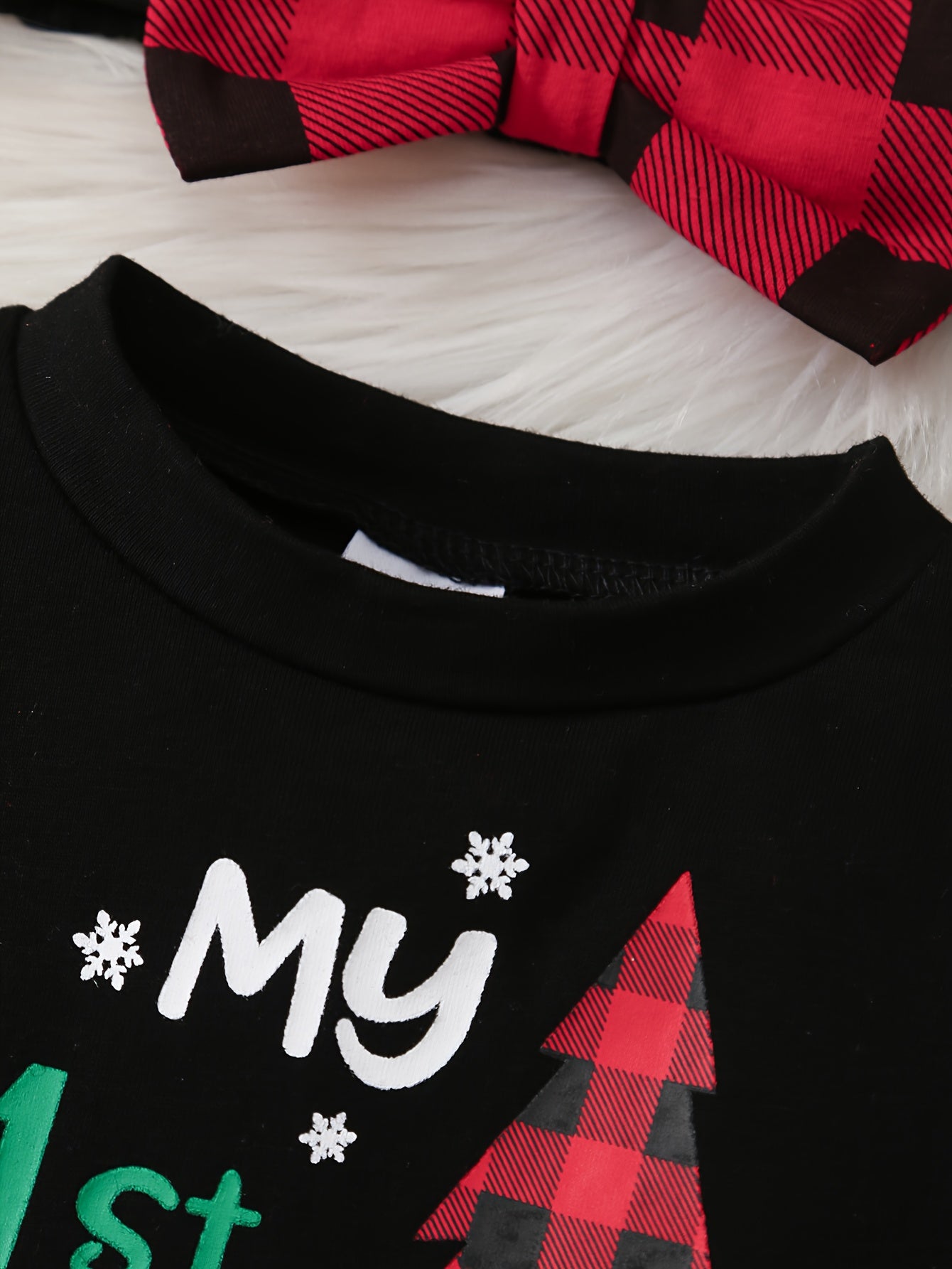 Adorable Baby Girl Christmas Outfit - Cozy Long-Sleeve Dress with "My 1st Christmas" Tree Print, Matching Checkered Pants & Red Bow Tie Scarf - Perfect Holiday Set for Newborns, Baby Girl Christmas Clothes, Perfect for Outdoo