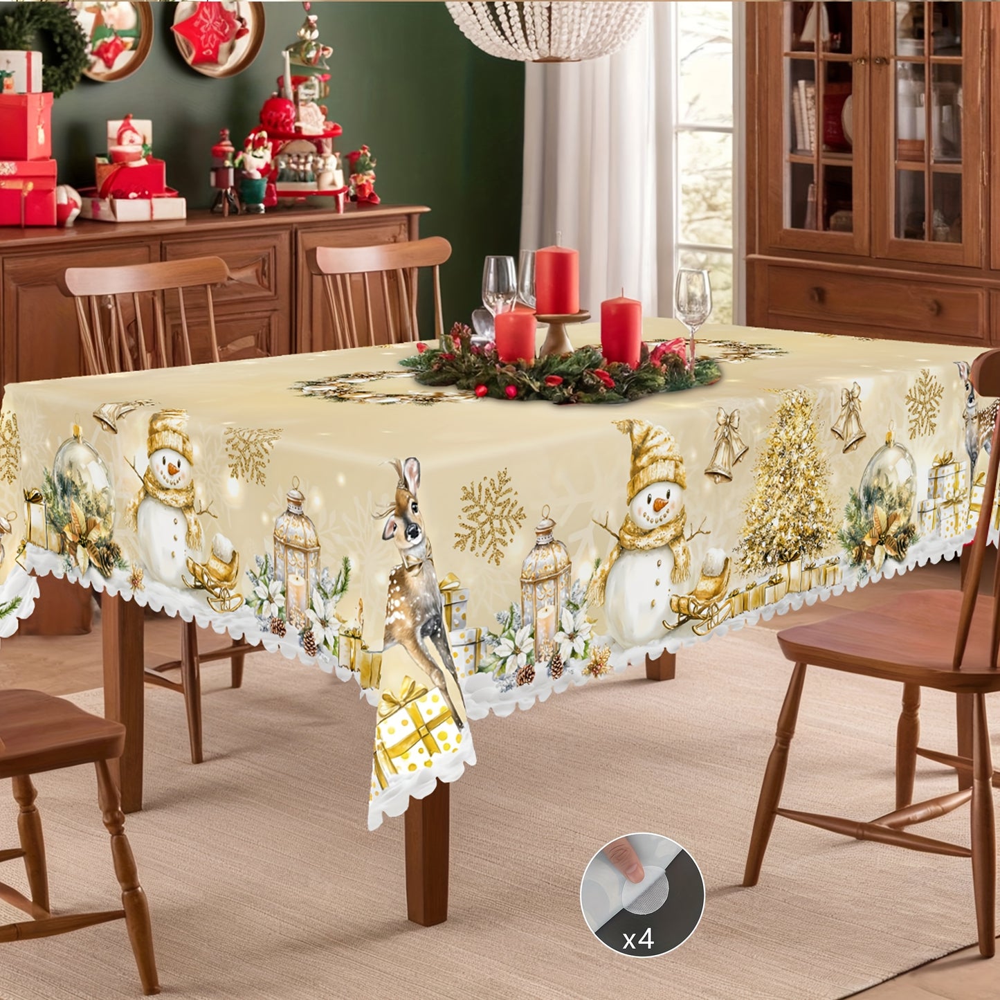 1pc Golden Christmas Happy Theme Printed Tablecloth, Retro Farmhouse Style, Snowman, Elk, Christmas Tree Pattern Design, Christmas, New Year Party, Party Decoration, Kitchen Accessories, Room and Outdoor Decoration, Gift for
