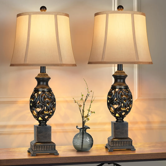Table Lamps Set Of 2, 28" Tall Bedside Lamp with Nightlight, Vintage Bronze Nightstand Lamps with Faux Silk Shades for Living Room Bedroom End Table, Suitable for Business, Bookstores, Christmas And Halloween Gifts