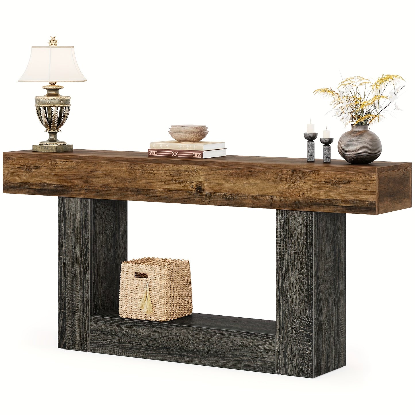 63" Modern Farmhouse Console Table with U-Shaped Base & 2-Tier Shelves - Rustic Brown & Grey Entryway Sofa Table, Engineered Wood/Particle Board, Easy Assembly, Behind Couch Table for Living Room, Hallway, Foyer