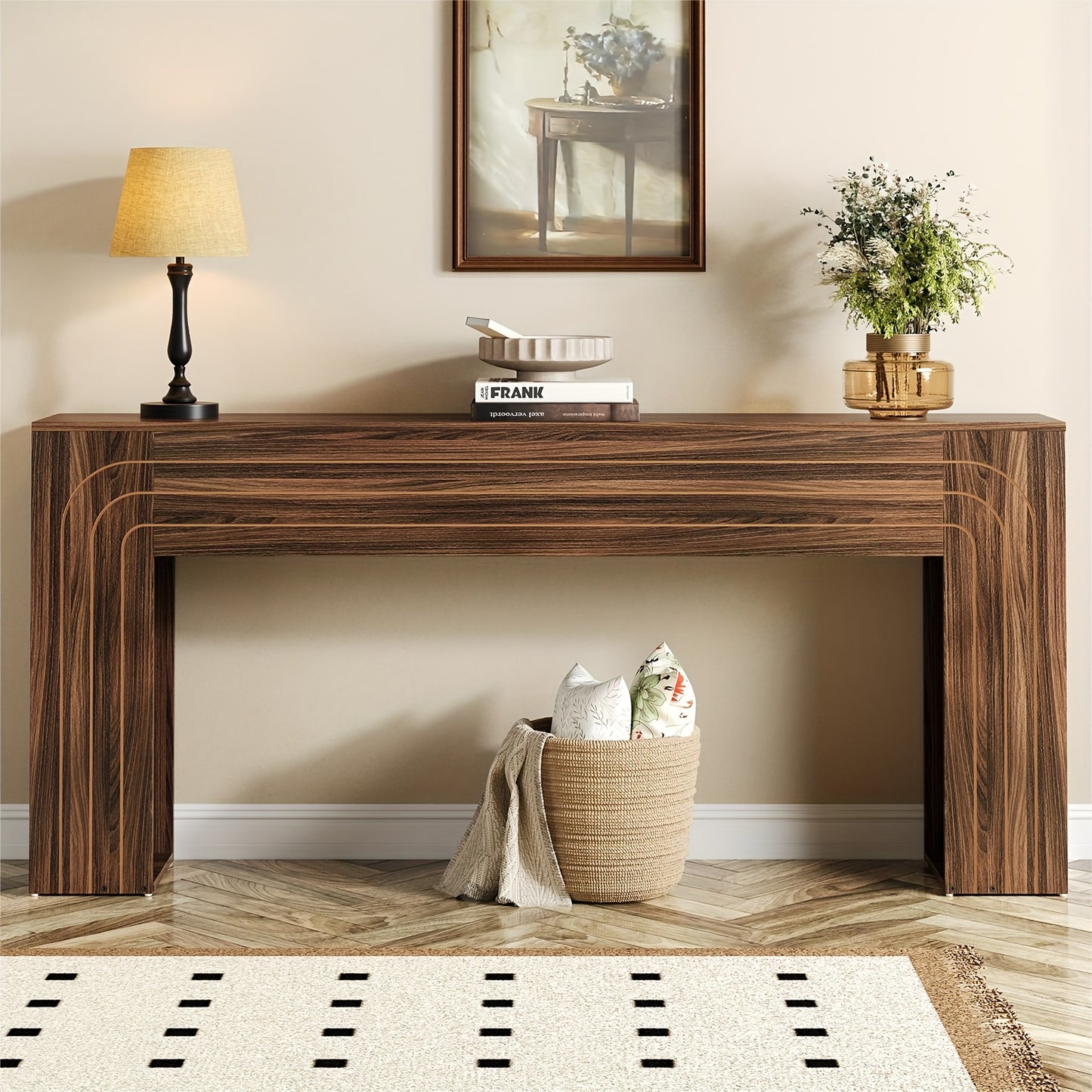 70.9" Modern Farmhouse Console Table Narrow Entryway Table with Handcrafted Line Design - Wood Grain MDF/ Sofa Table Suitable for Hallway, Living Room, Behind Couch - Space-Saving Assembly-Friendly Furniture