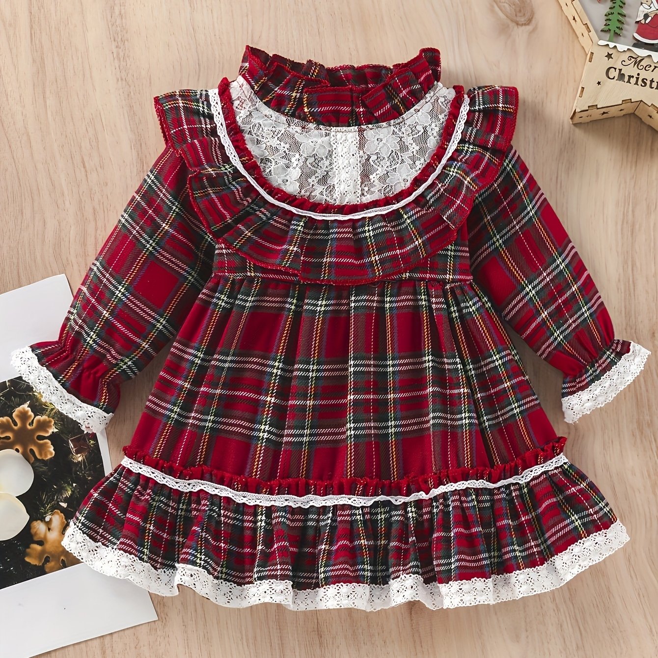 Red Green Plaid Halloween Christmas Girls Dress with High Neck And Lace Trim, Ruffled Cuffs Holiday Party Outfit