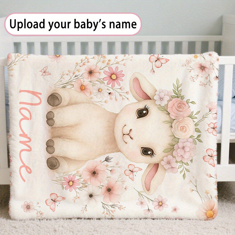 1pc Name Blanket - Cute Lamb & Pink Flowers Print with Custom Name, Soft Cozy Warm Throw for All Seasons, Adorable Sheep & Floral Design, Ideal Gift for Christmas, Birthdays, Showers, Travel & Home Use, Hand Wash Only, White