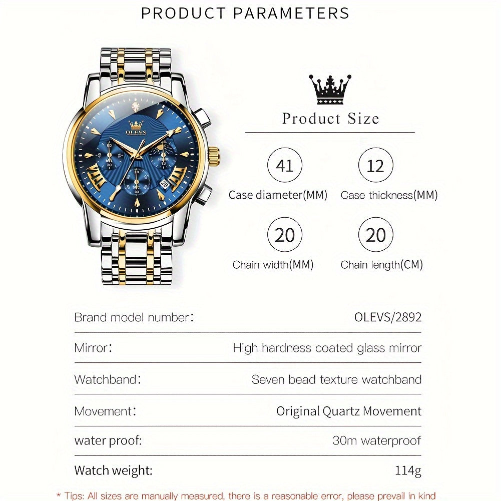 OLEVS Watch for Men Chronograph Stainless Steel Case Analog Quartz Fashion Business Dress Large Face Men Watch Day Date Luminous Casual Male Wrist Watch, Office Accessory, Casual Attire, Classic Design, Elegant Timepiece, Hig