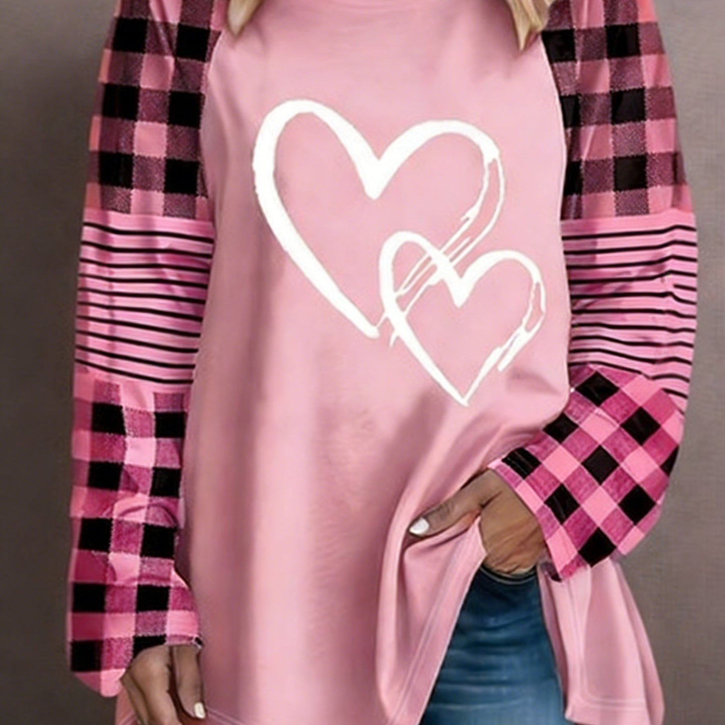 Plus Size - Plus Size - A Women'S Casual Long-Sleeve T-Shirt Featuring a Heart-Shaped Design, Made from Fabric, with a Round Neck Style, Part of The Autumn And Winter Collection, Available in Large Loose Sizes from 0XL to 9XL