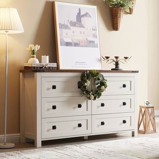 6-Drawer Solid Wood Dresser - Rustic Wide Chest of Drawers with Black Knobs, /Beige, Heavy-Duty, 27"+ Height -Standing for Bedroom, Living Room, Hallway Organizer (Assembly Required)