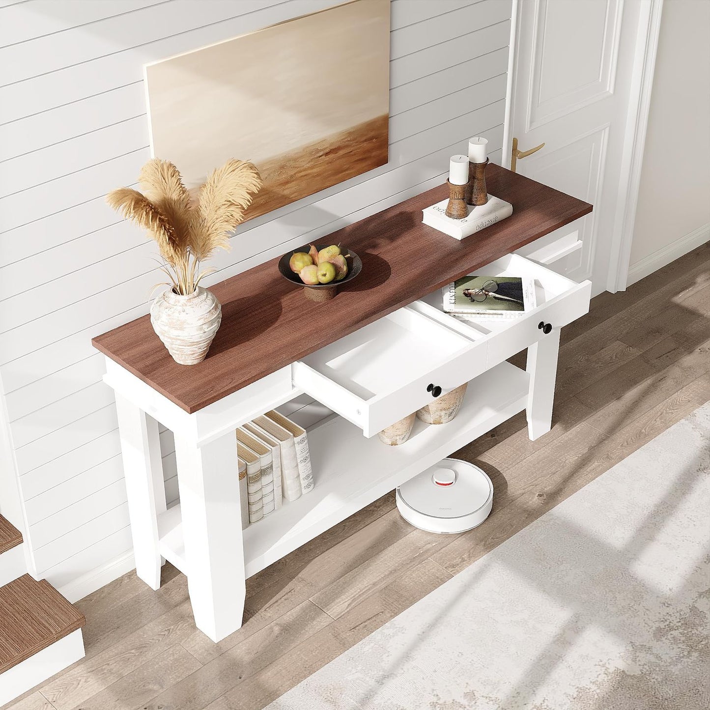 54-Inch Solid/ Console Table with Drawers & Open Shelf - Modern Farmhouse Sofa Table Suitable for Entryway, Hallway, Living Room, Foyer - Sturdy Rectangular Furniture with Ample Storage, Assembly Required for Narrow Spaces