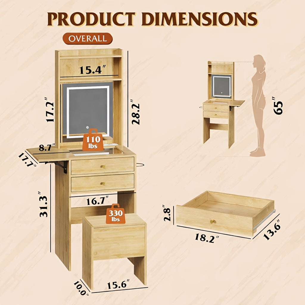 Space-Saving Vanity Desk with Illuminated Mirror, Folding Top, 2 Drawers, Charging Station And Matching Chair for Bedroom Or Apartment