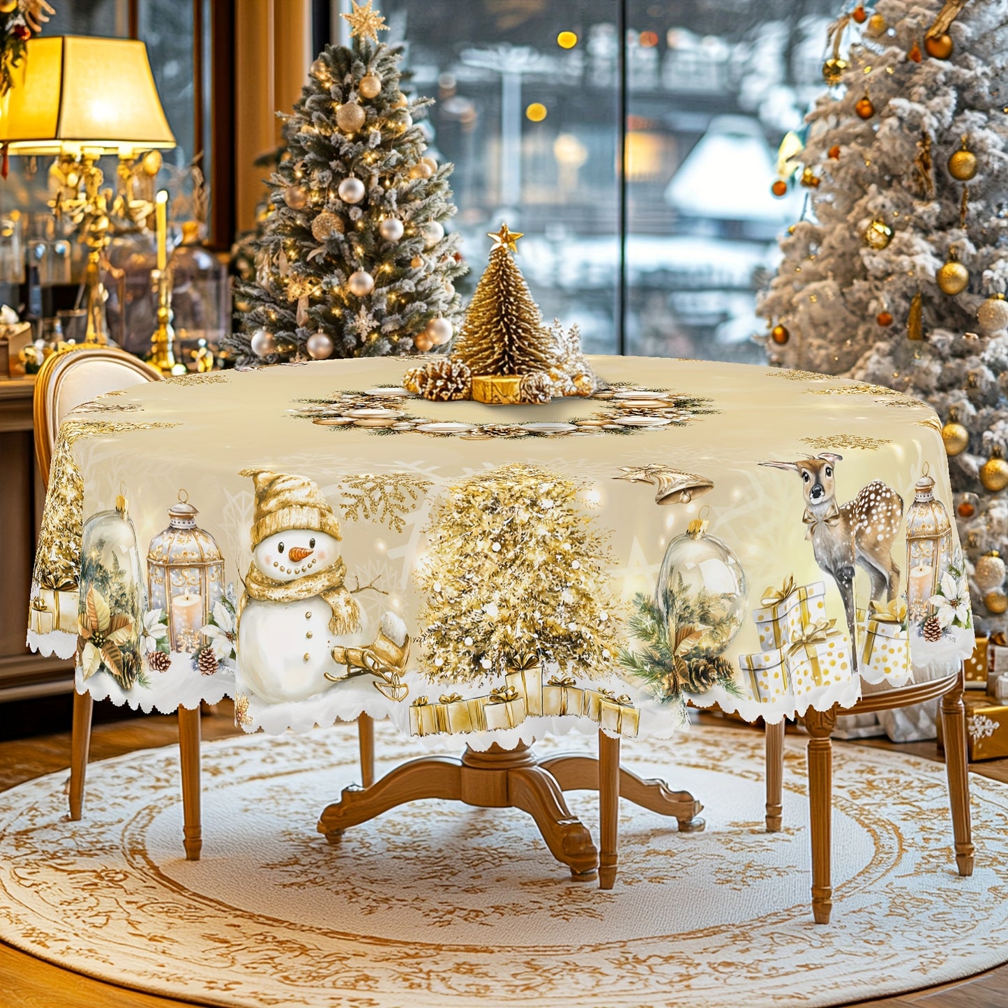 1pc Golden Christmas Happy Theme Printed Tablecloth, Retro Farmhouse Style, Snowman, Elk, Christmas Tree Pattern Design, Christmas, New Year Party, Party Decoration, Kitchen Accessories, Room and Outdoor Decoration, Gift for