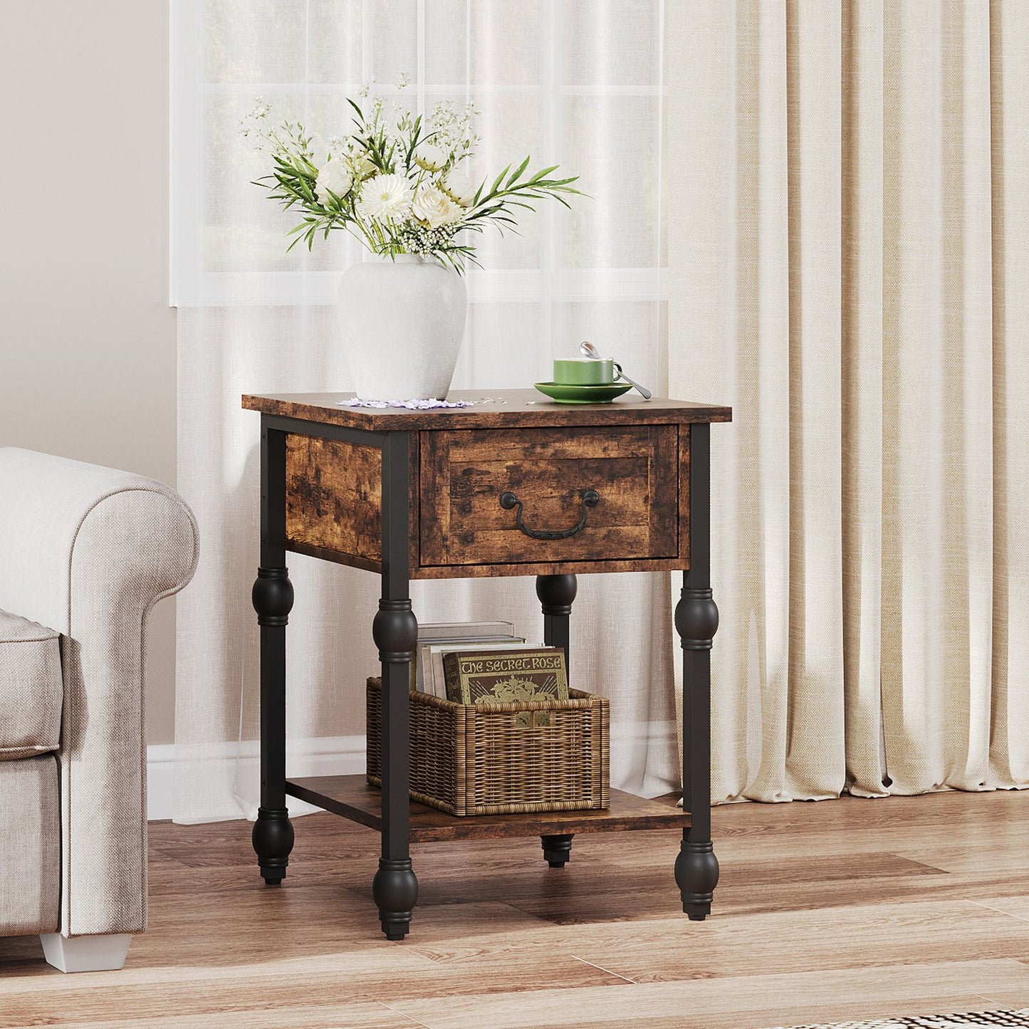 Industrial Style End Table in Brown, 2-Tier with Drawer for Bedroom, Living Room, and Compact Spaces