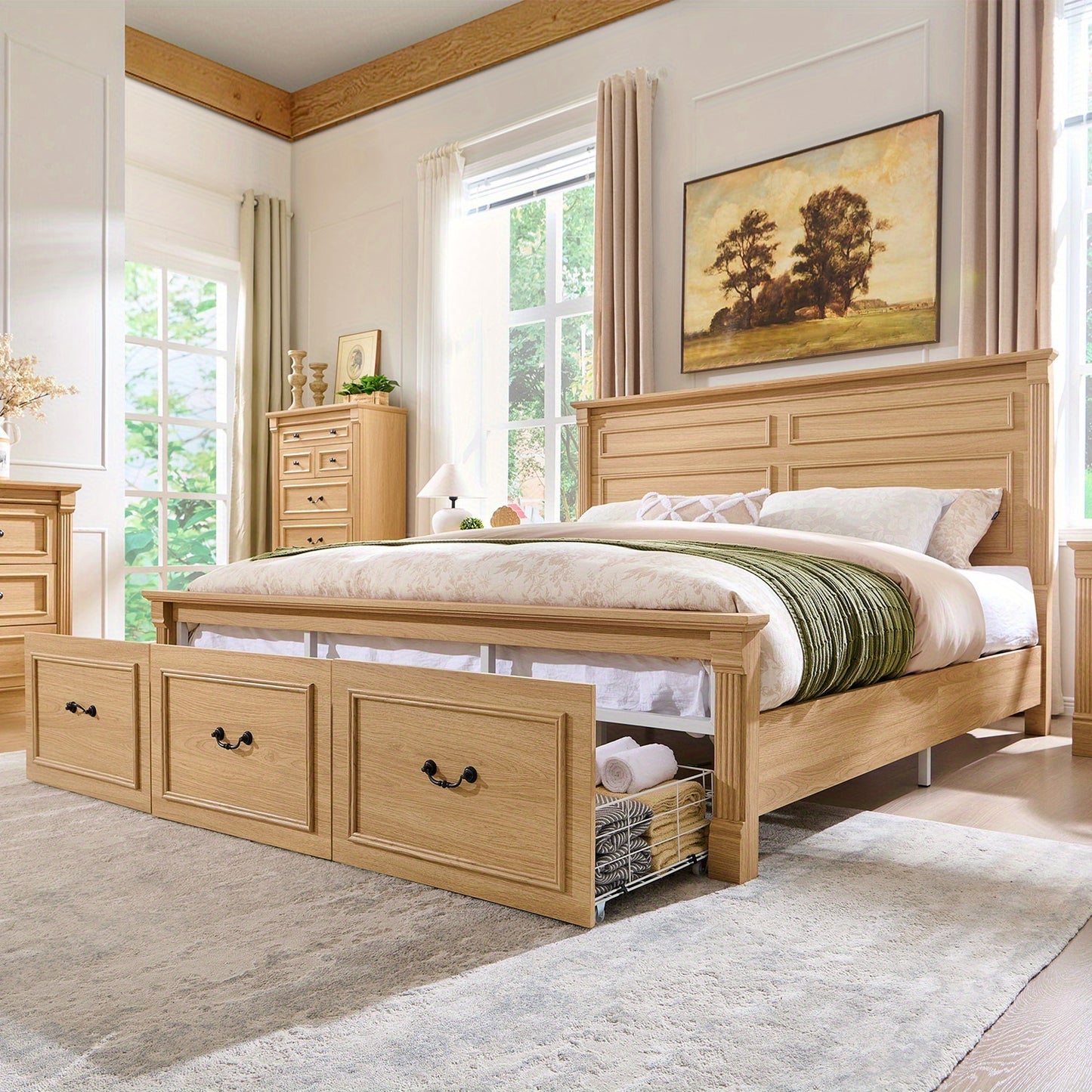 Farmhouse King Size Bed Frame with 51" Tall Headboard, Wood Platform Bed Frame with 20" Tall Roman Column Decoration Footboard & 3 Large Storage Drawers, No Box Spring Needed