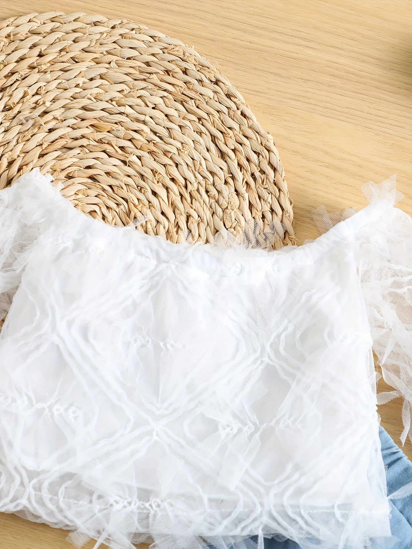 White Lace Off-The-Shoulder Top with Faux Denim Bell Bottom Faux Denim, Tulle Trim Halloween Christmas Outfit, for Outdoor