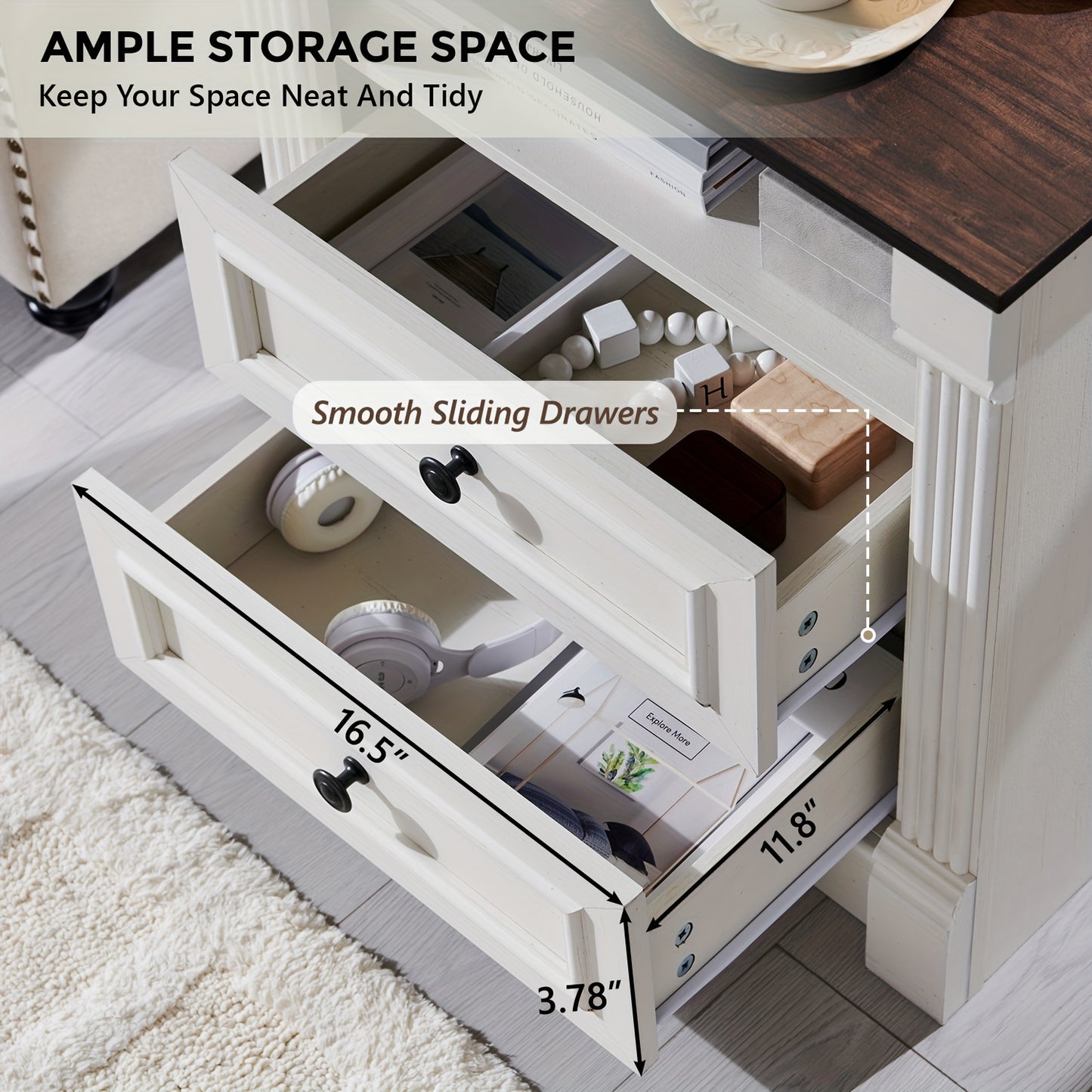 Set of Two 26-Inch Tall Farmhouse Nightstands Featuring Two Drawers And a Charging Station, a Large 23.6-Inch Wide Side Table with a Roman Column Design, a Rustic Wooden Sofa Table with an Open Shelf, And a Bedside Table Suit