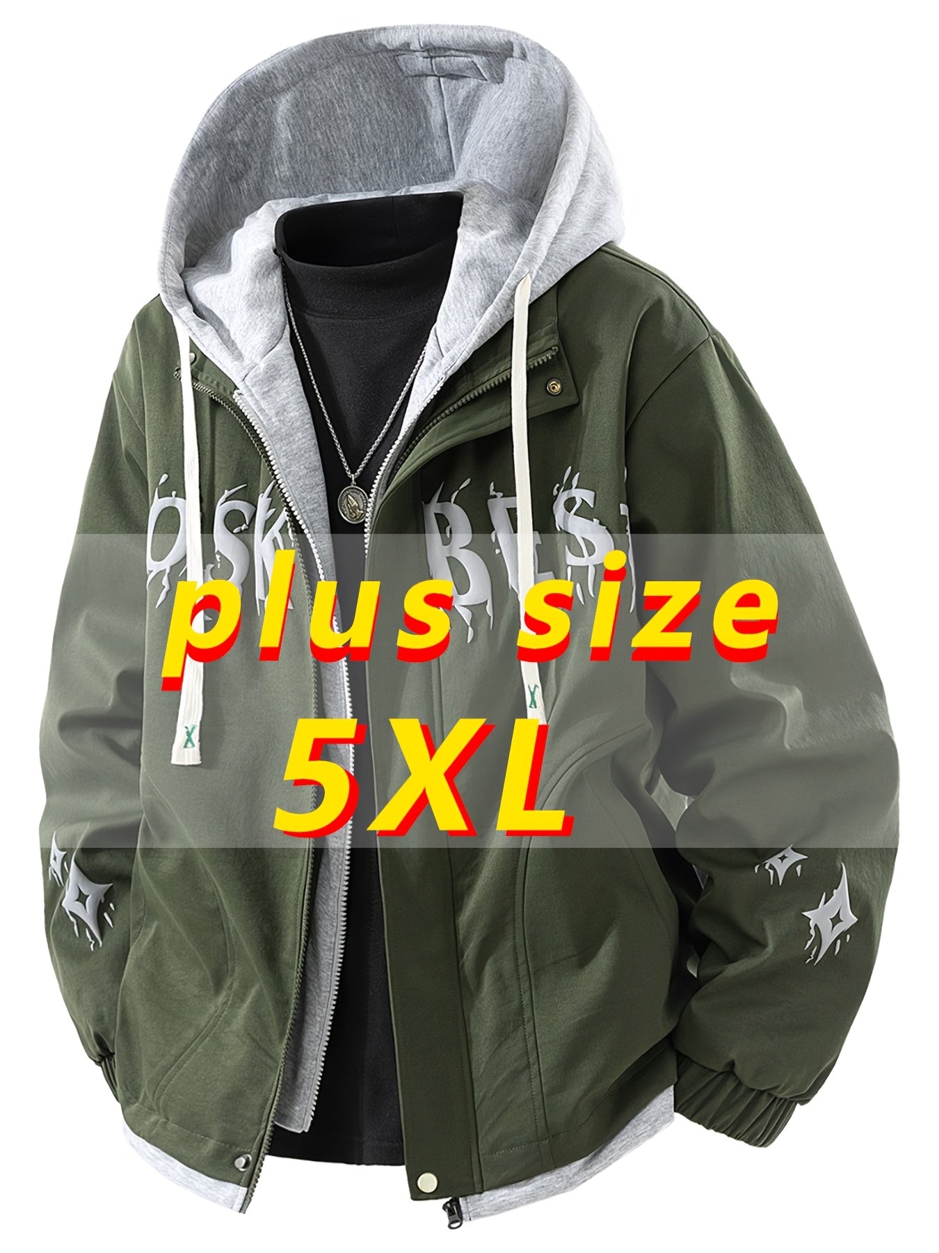 Men'S Urban Fashion: A Large, Color-Blocked Hooded Jacket Featuring Striking Text And a Faux Layering Style, Along with a Spring Crewneck Sweatshirt Designed to Look Like a Two-Piece, And a Casual Zip-Up, Plus Size