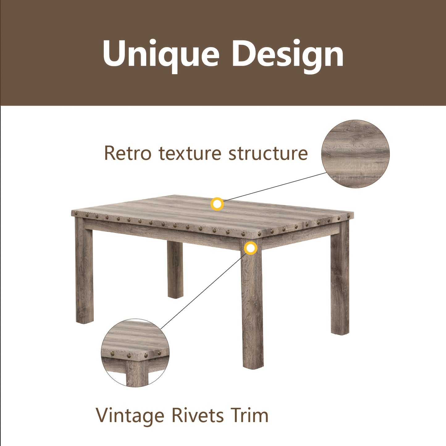 7/5pcs Rustic Modern Farmhouse Dining Table and Chair Set Suitable for Spacious Dining Rooms, Entertaining - Solid Wood & MDF Table with Sturdy Legs, Assembly, Wood Grain, Tableset for,, or Use