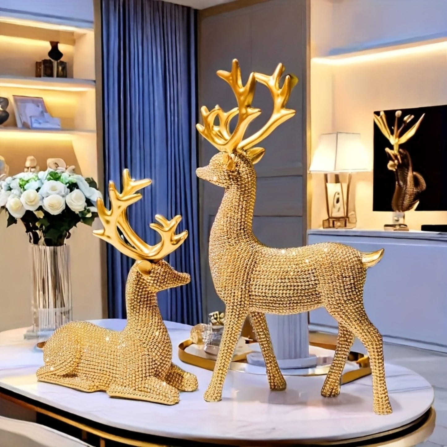 2pcs Creative Golden And Silvery Beads Reindeer Ornaments - Perfect Christmas And New Year Gifts, Suitable for Home, Room, Living Room, TV Cabinet Office | Elegant Desktop Display, Reindeer Theme Design, Seasonal for home Dec