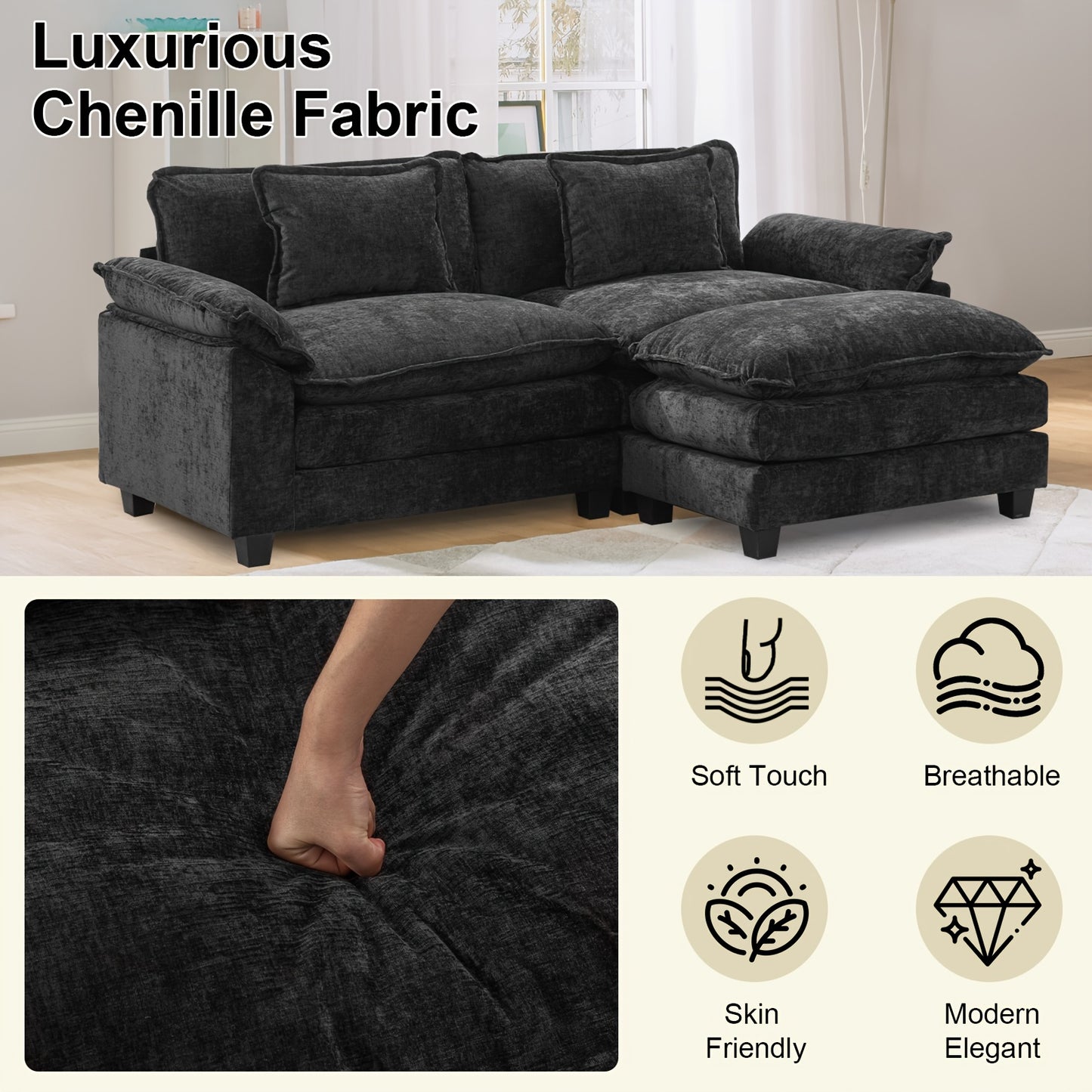 86'' Sectional Sofa, Modular Loveseat Sofa with Ottoman, Chenille Cloud Couch, Upholstered Deep Seat Sofa for Living Room, Apartment